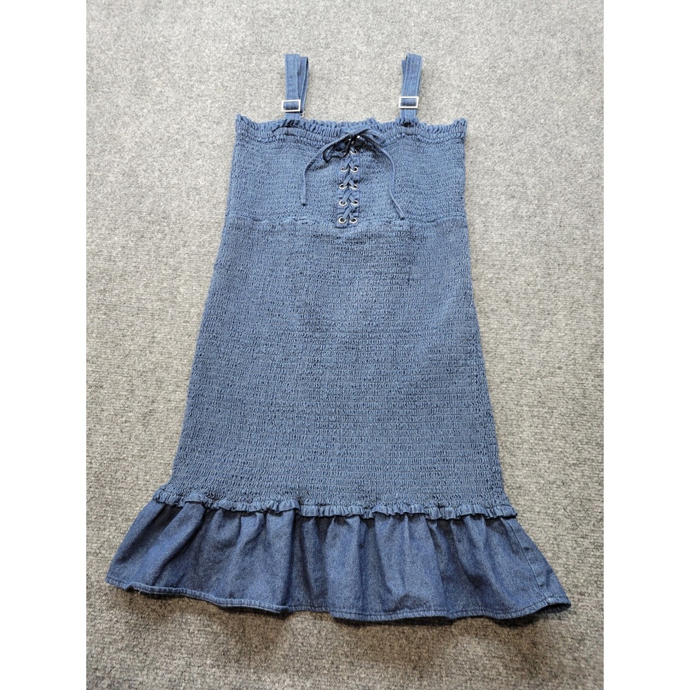 Aeropostale Womens Denim Smocked Lace Up Ruffle Mini Dress Blue L LXZCCH16